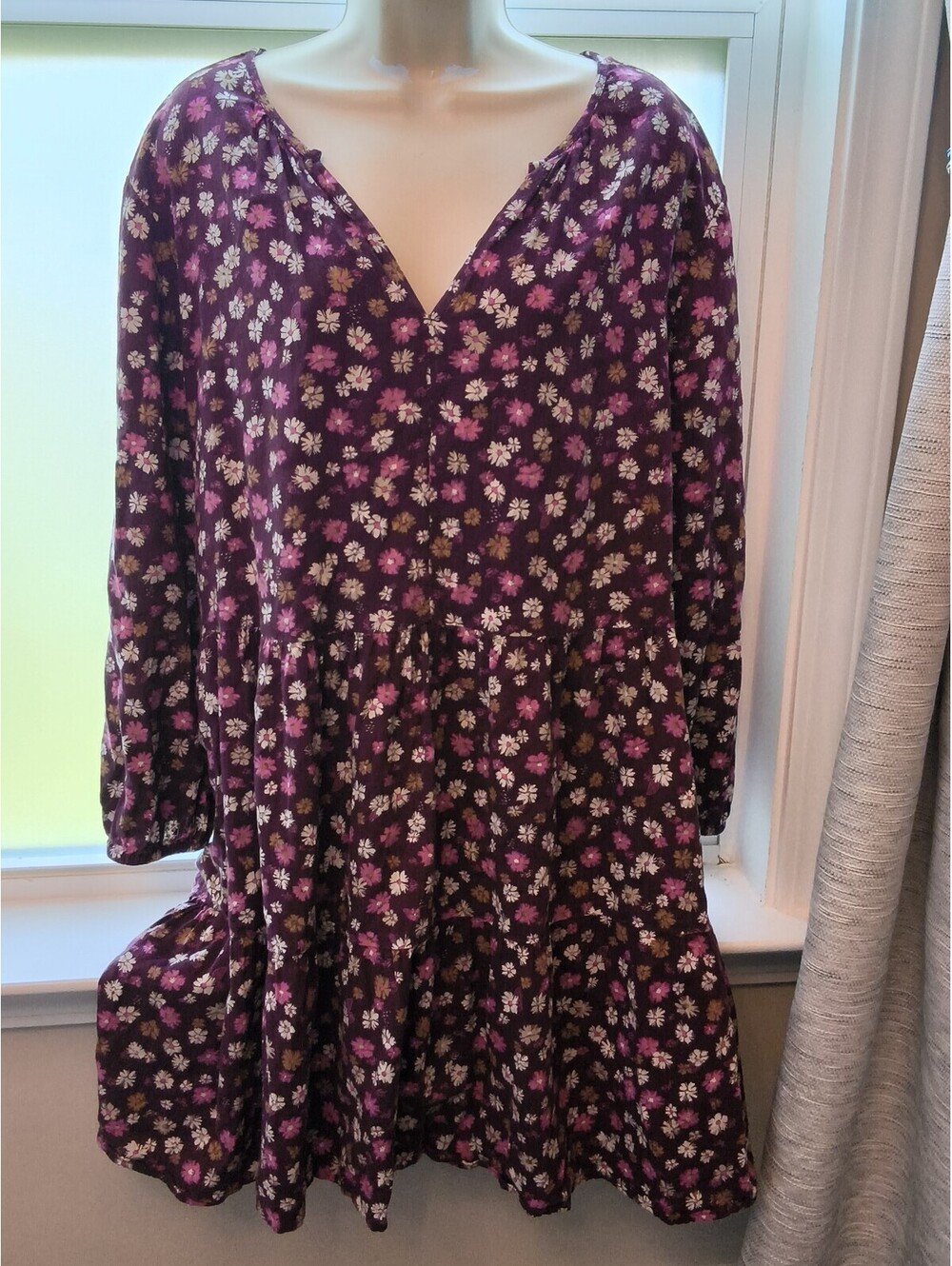 Gap Burgundy Berry Floral Whimsy Smocked Long Sleeve Tiered Ruffle Dress XXL